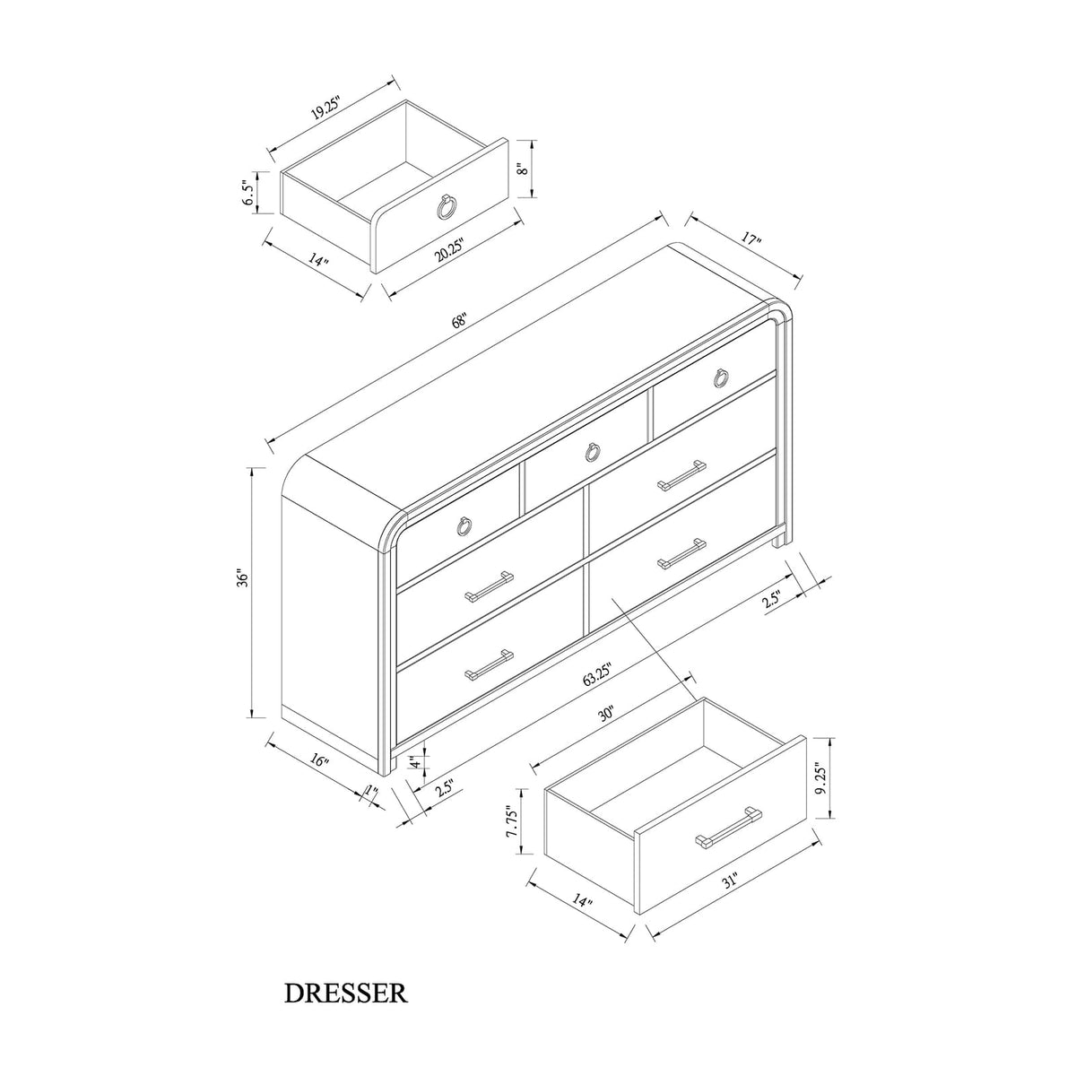 68" Oak Dresser - Contemporary Bedroom Storage