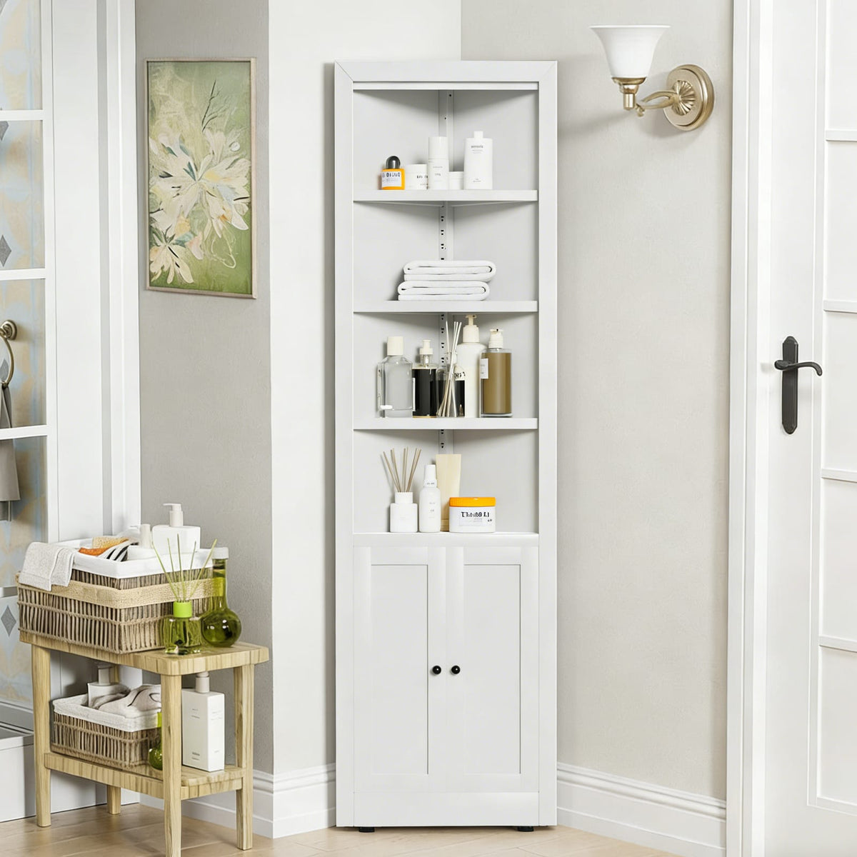White Bathroom Storage Cabinet - 1 Door, 5 Shelves