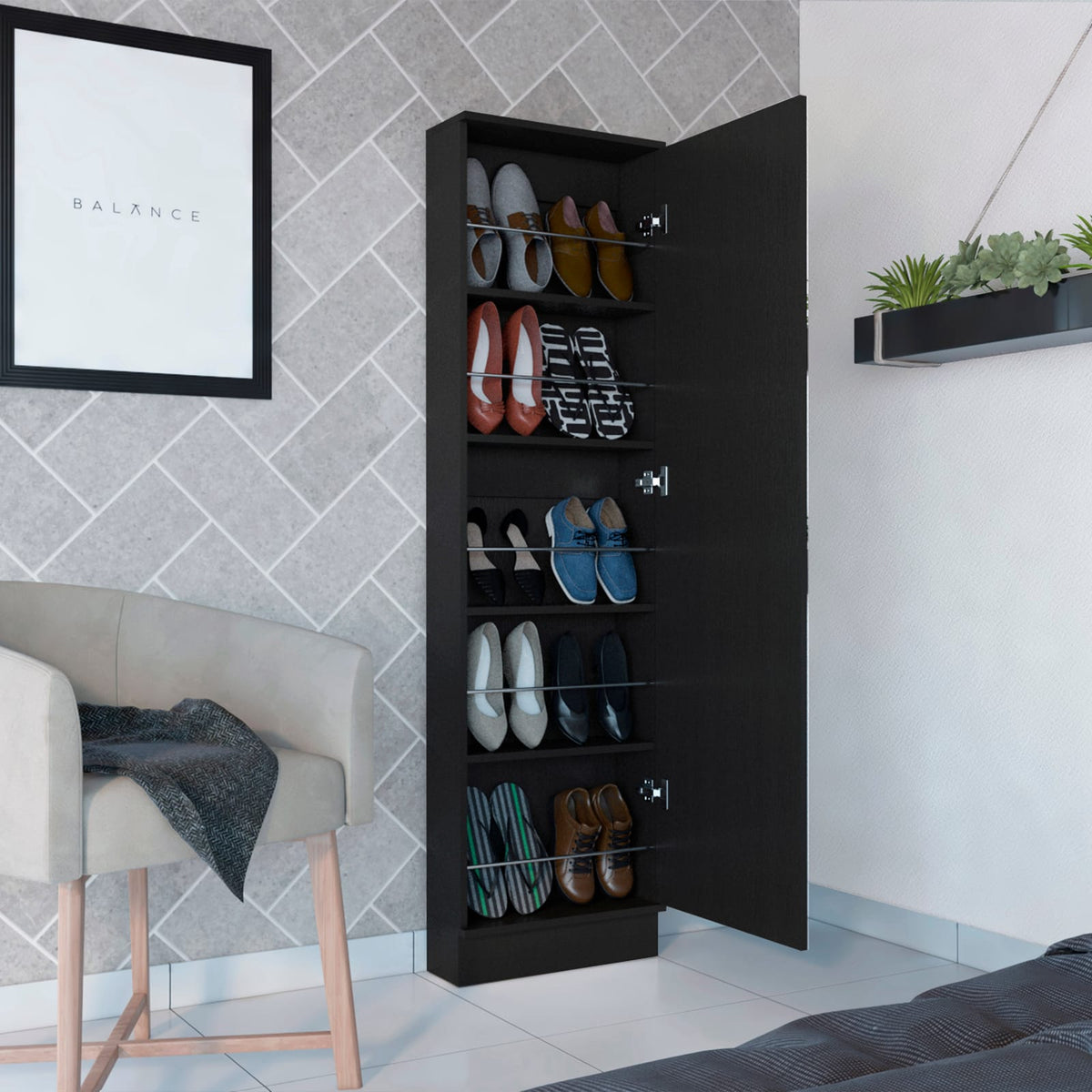 Black Particle Board Shoe Storage with Mirror and Five Shelves for Bedroom