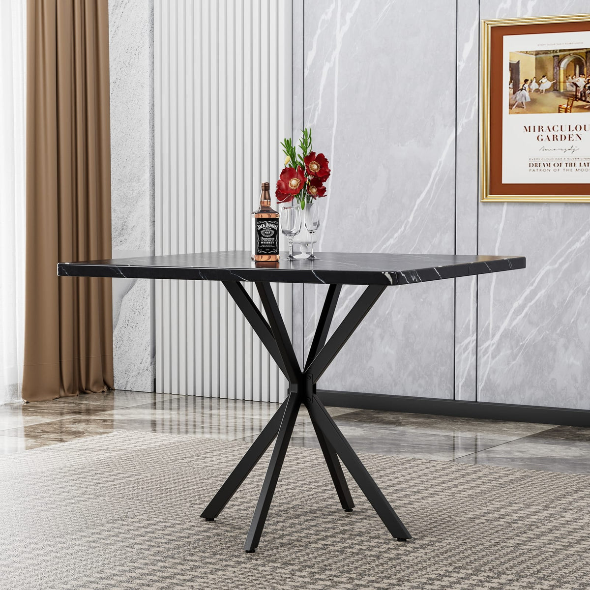 Square Dining Table - Black MDF Iron, 4-6 Person for Dining Room