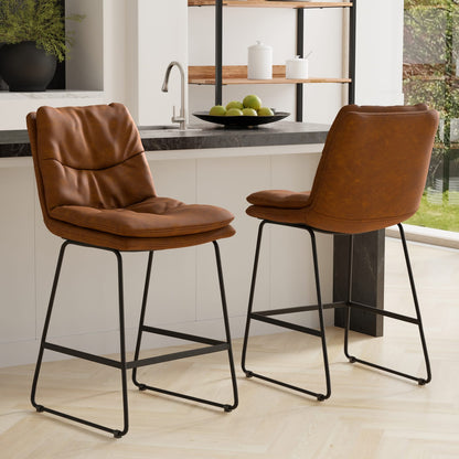 Camel Brown Wood Metal Stool Set of 2 for Bedroom