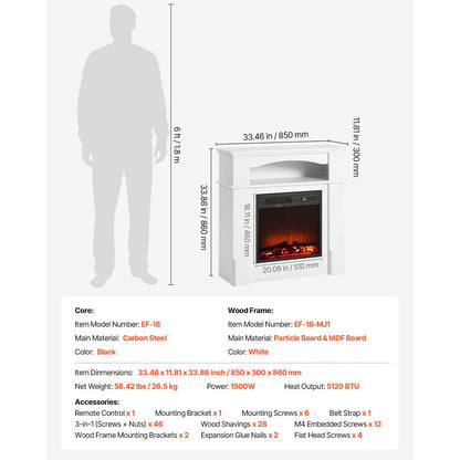 37 Inch Electric Fireplace Stove - Black White Steel