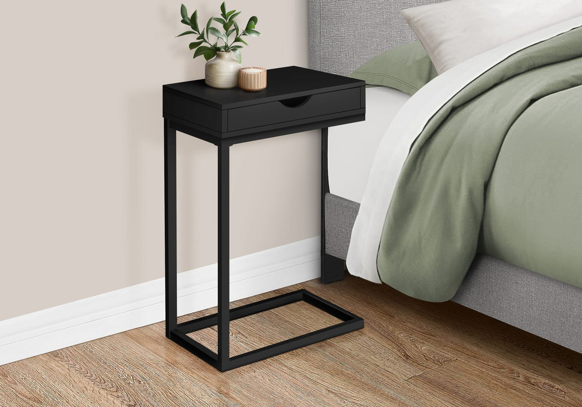 Black Metal C-Shaped Accent Table with Storage Drawer