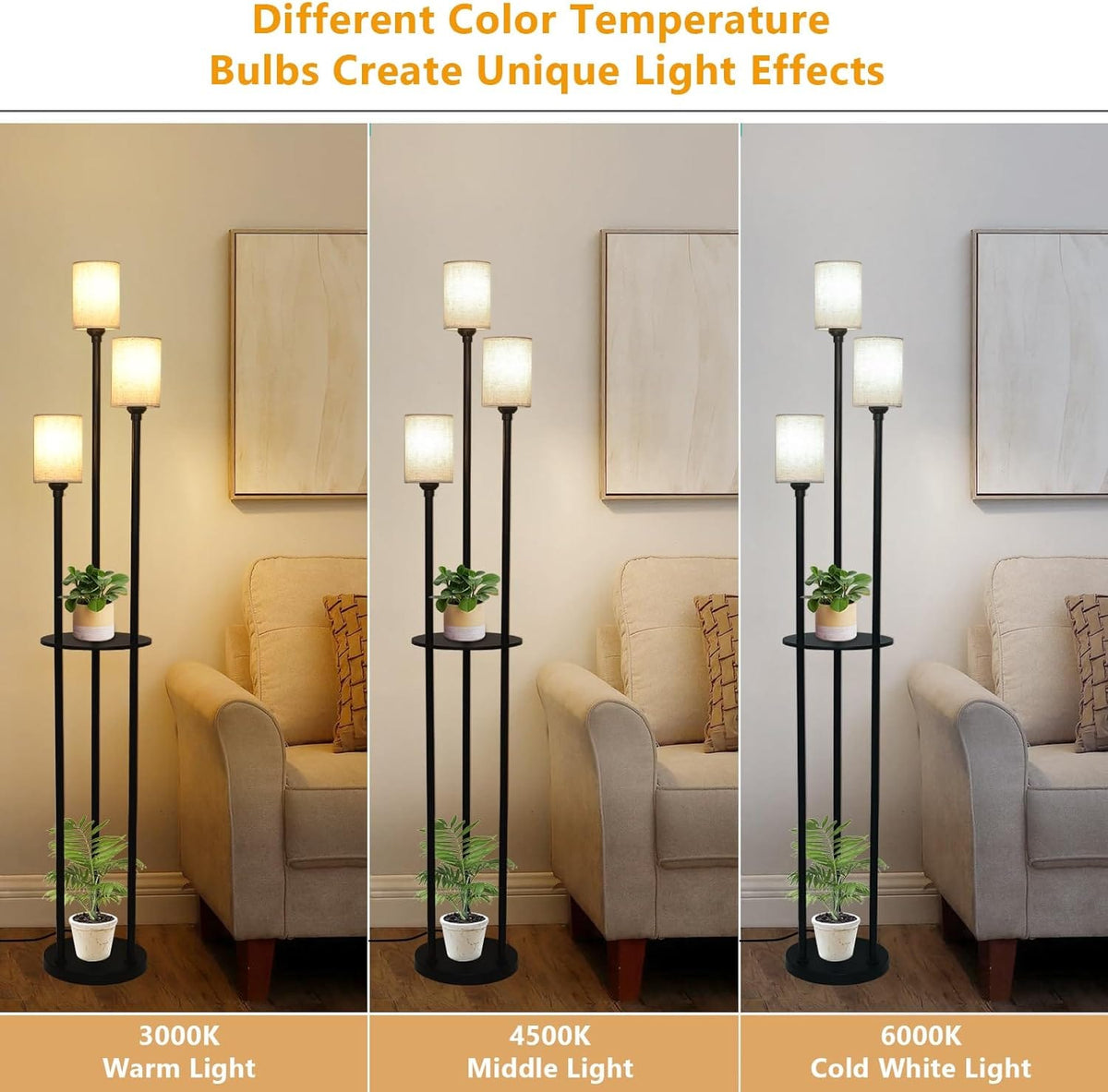 3-Light Rattan Metal Floor Lamp with Shelves - Brown Black Bedroom Lighting
