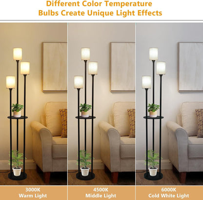 3-Light Rattan Metal Floor Lamp with Shelves - Brown Black Bedroom Lighting