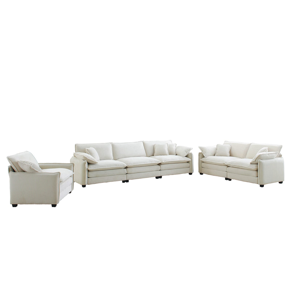 6 Seat Beige Corduroy Sofa - Retro Sectional Sofa
