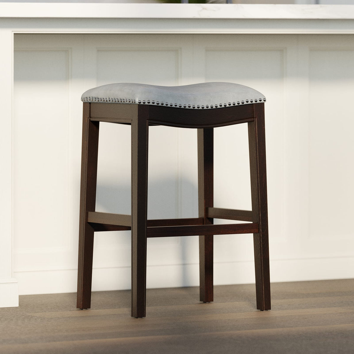 31 Inch Gray Barstool - PU Leather Seat, Solid Wood Frame
