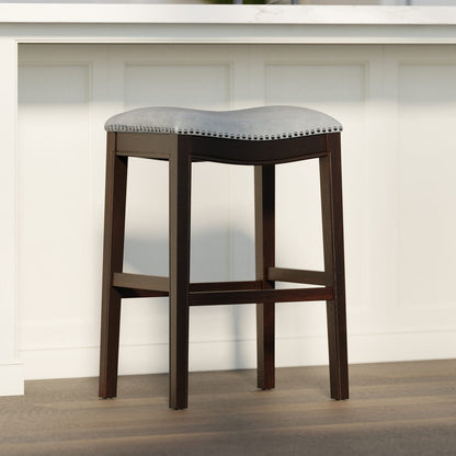 31 Inch Gray Barstool - PU Leather Seat, Solid Wood Frame