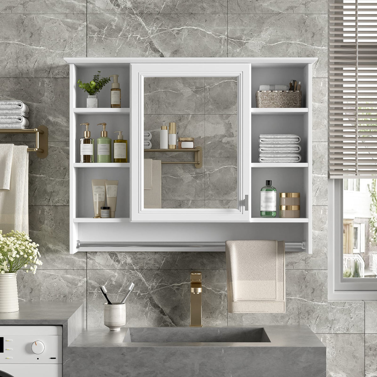 36" White Wall Mounted Bathroom Cabinet with Mirror & Adjustable Shelves