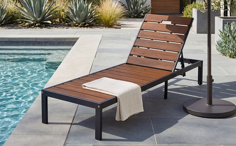 Black+Brown Acacia Wood Patio Chaise Lounge - Outdoor Daybed