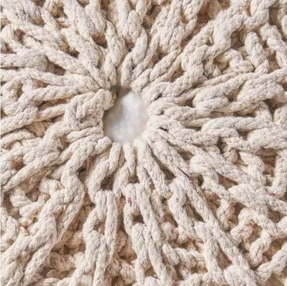 Beige Cotton Knitted Pouf - Relaxing Footrest for Living Room