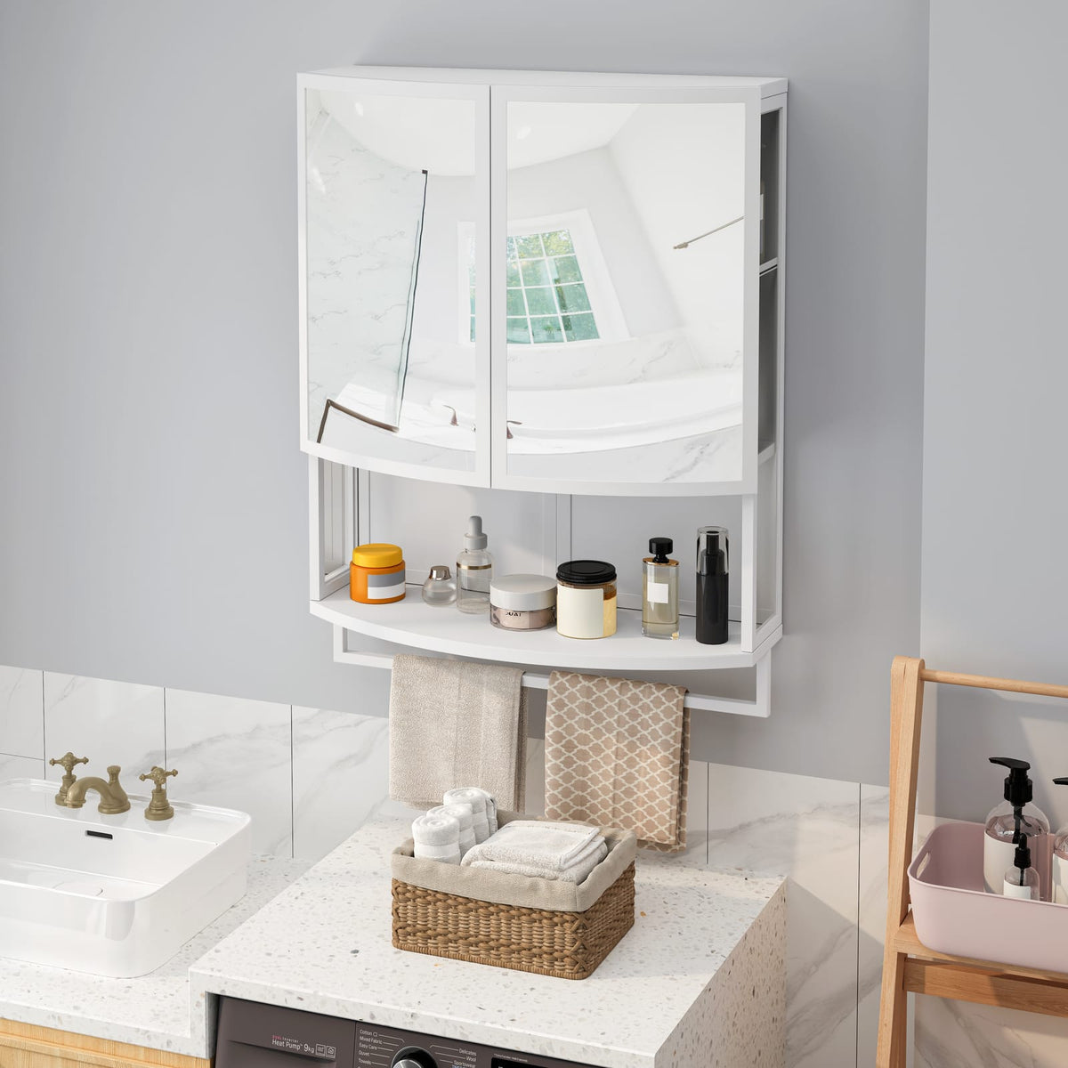 23.62" White Iron Mirror Cabinet - Double Door Storage for Living Room