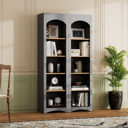 Grey Farmhouse Bookshelf Set of 2 with Adjustable Shelves for Living Room