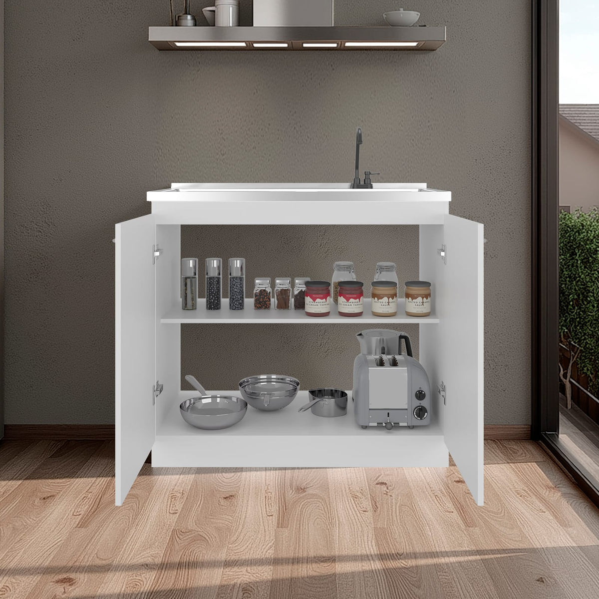White Engineered Wood Kitchen Sink Cabinet with Faucet