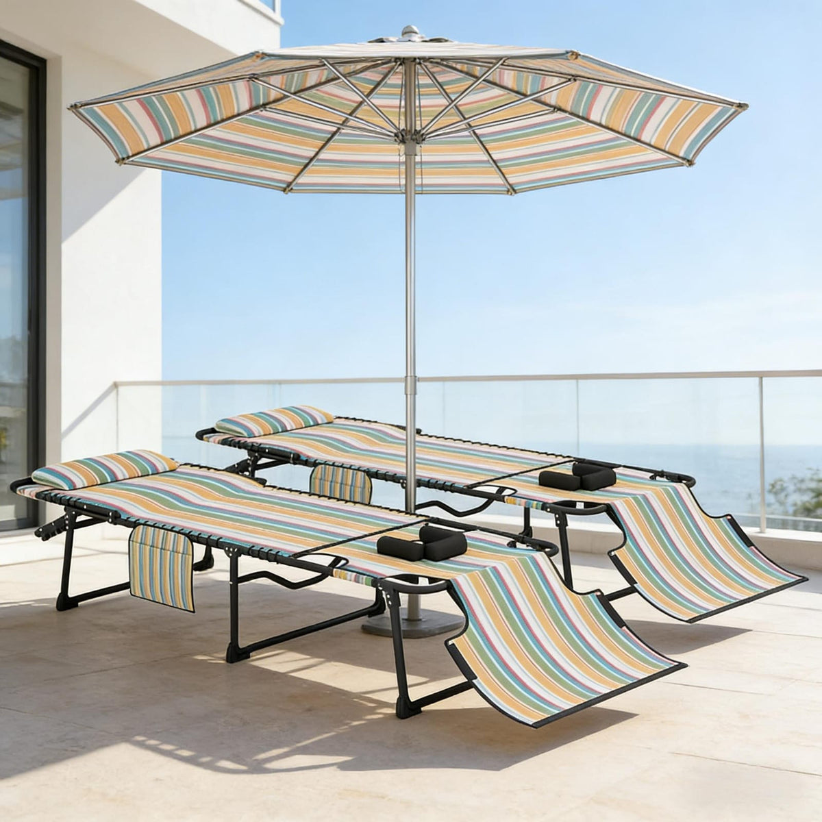 Living Room 2 Piece Outdoor Sun Lounger - Folding Recliner Chair with Mesh & Steel