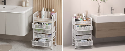 White Makeup Organizer with Wheels - 4 Drawers for Vanity Storage