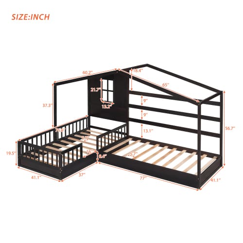 Wood House Bed Twin Size - 2 Twin Solid Beds with Fence & Slatted Frame, Espresso