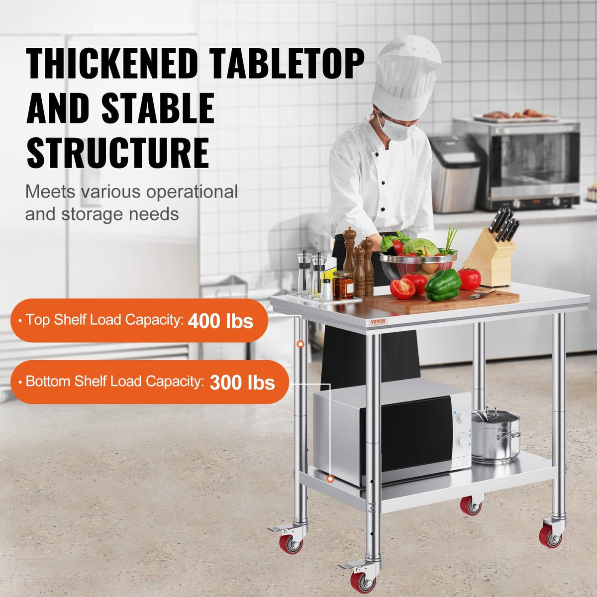 36 Inch Stainless Steel Work Table - 4 Wheels Commercial Prep Table