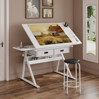 Adjustable Drafting Desk - White with 2 Drawers & Stool