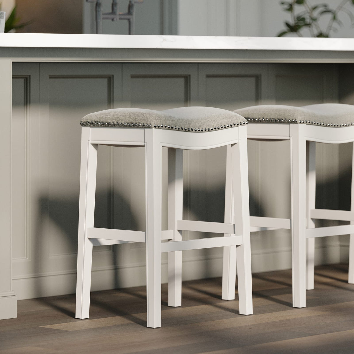 31" Bar Height Stool - White Wood & Gray Fabric for Bedroom