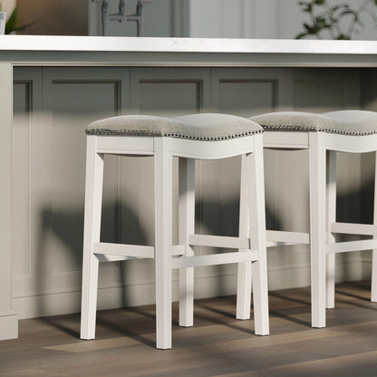 31" Bar Height Stool - White Wood & Gray Fabric for Bedroom