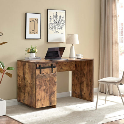 Compact Wood Desk with Three Shelves and Faux Barn Door Cabinet for Home Office