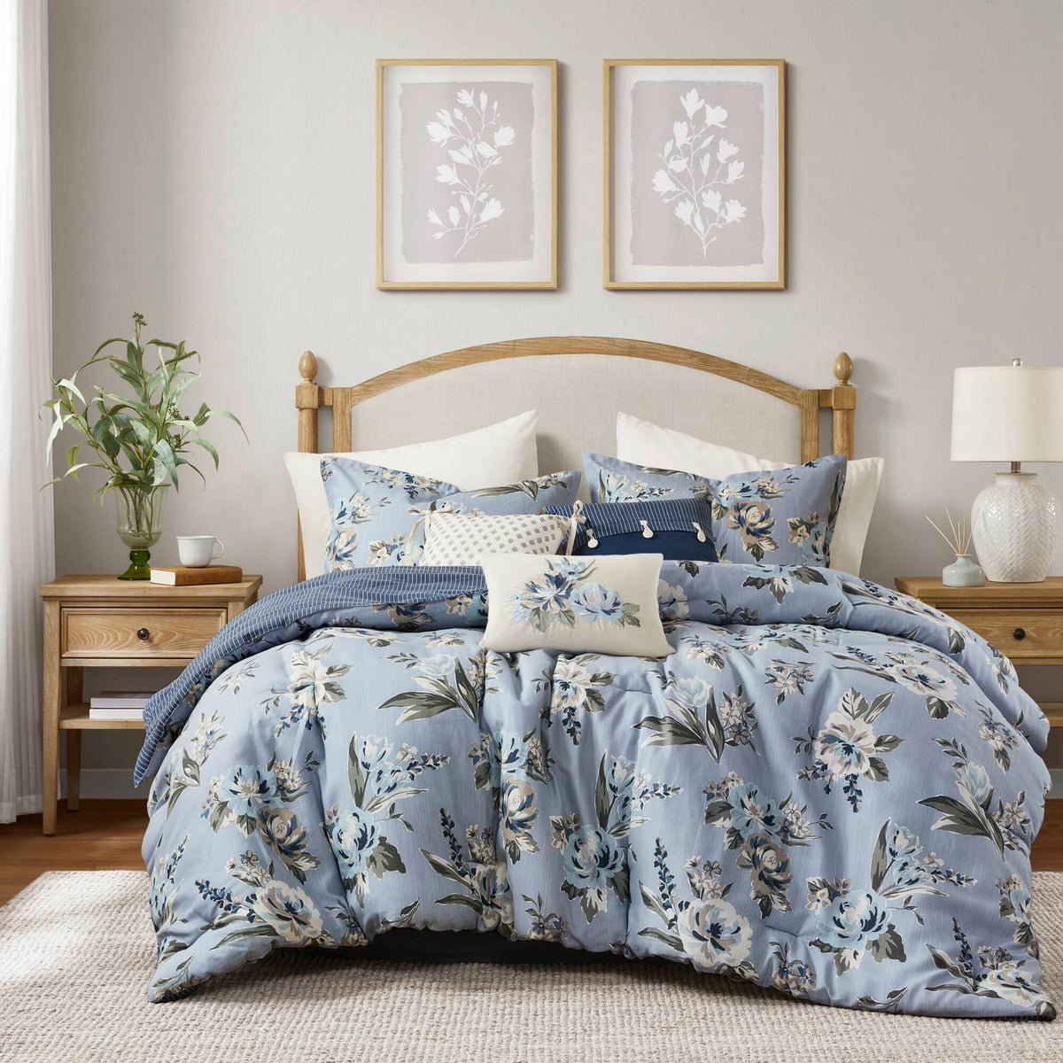 King Blue Floral Comforter Set - 7 Piece Bedding