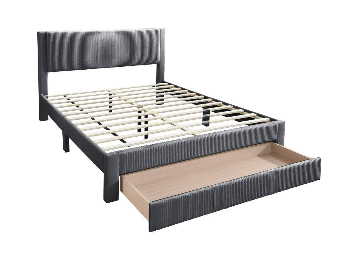 Queen Corduroy Bed Frame Charcoal Wood Platform Bed for Bedroom