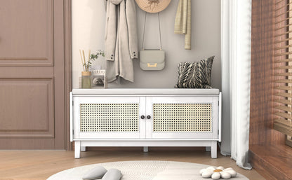 Living Room Beige & White Rattan Storage Bench with Cushioned Seat - Shoe Storage
