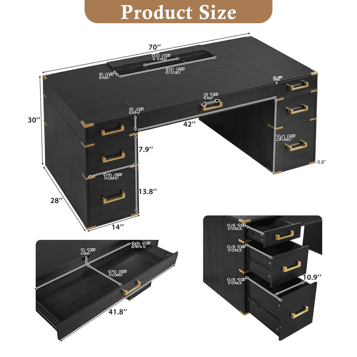 70" Extra-Large Classic Desk - Black+Gold MDF Metal