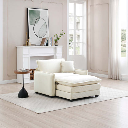 White Corduroy Single Sofa with Footstool - Bedroom or Living Room