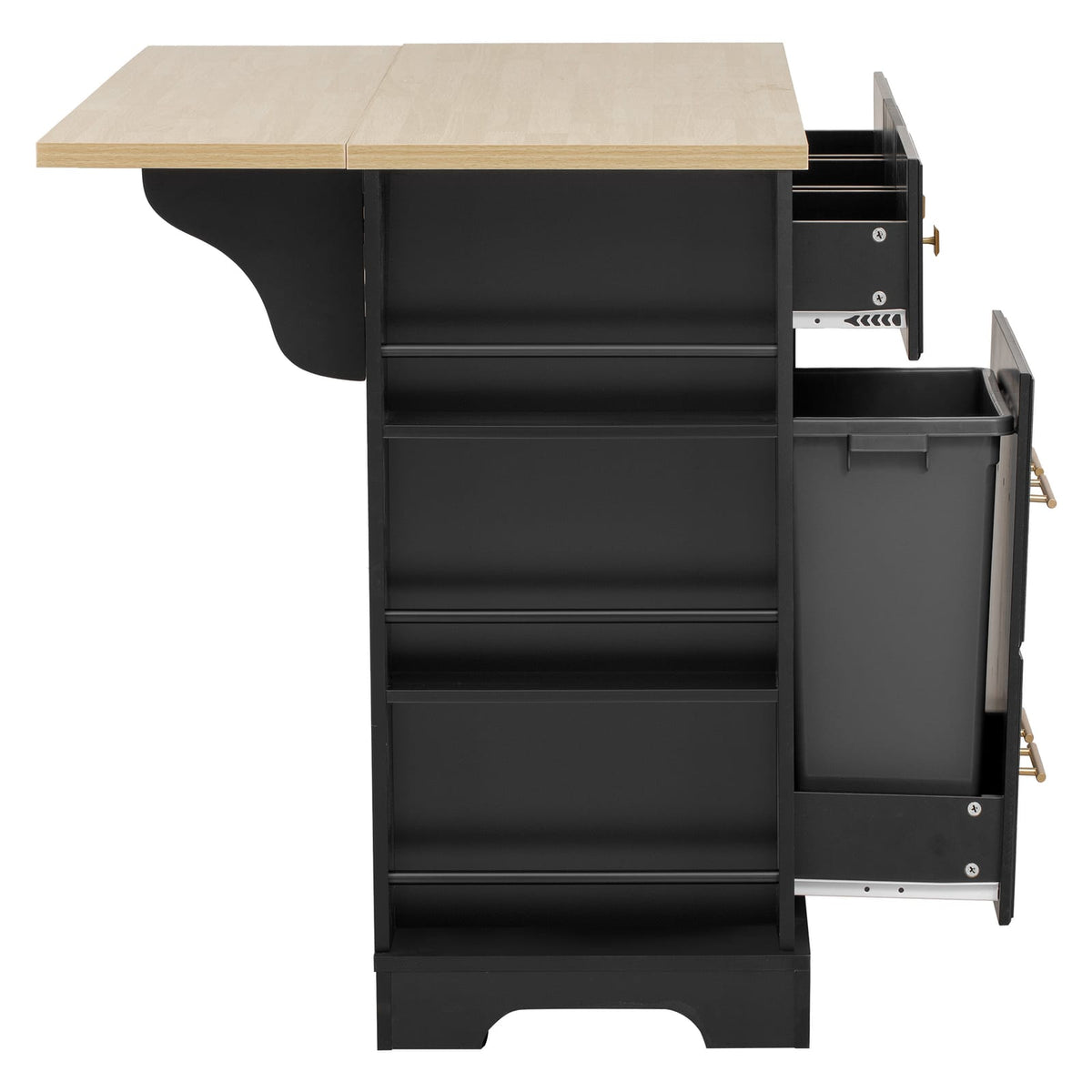 Black MDF Kitchen Island with Drop Leaf Storage and Charging Station