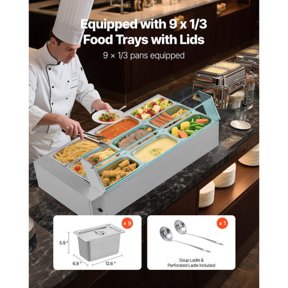 Commercial Food Warmer - 1500W Stainless Steel Buffet Steamers, 9 Pans