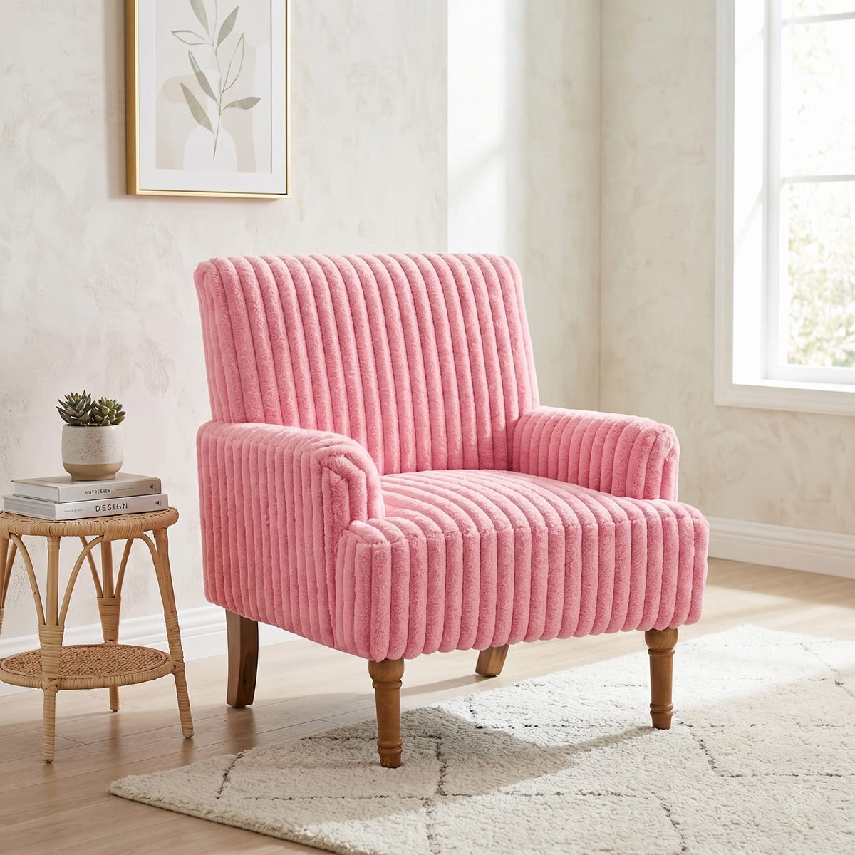 Pink Corduroy Mid-Century Modern Accent Chair - 30" W for Living Room