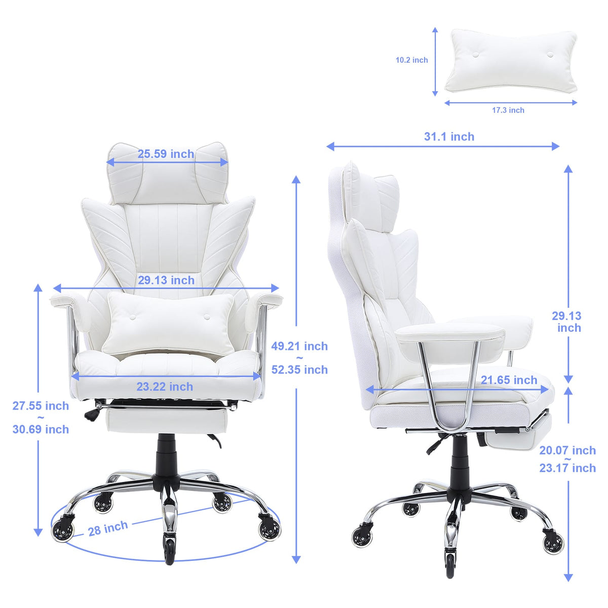 White Reclining Office Chair with Footrest - Ergonomic Support
