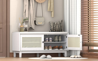 Living Room Beige & White Rattan Storage Bench with Cushioned Seat - Shoe Storage