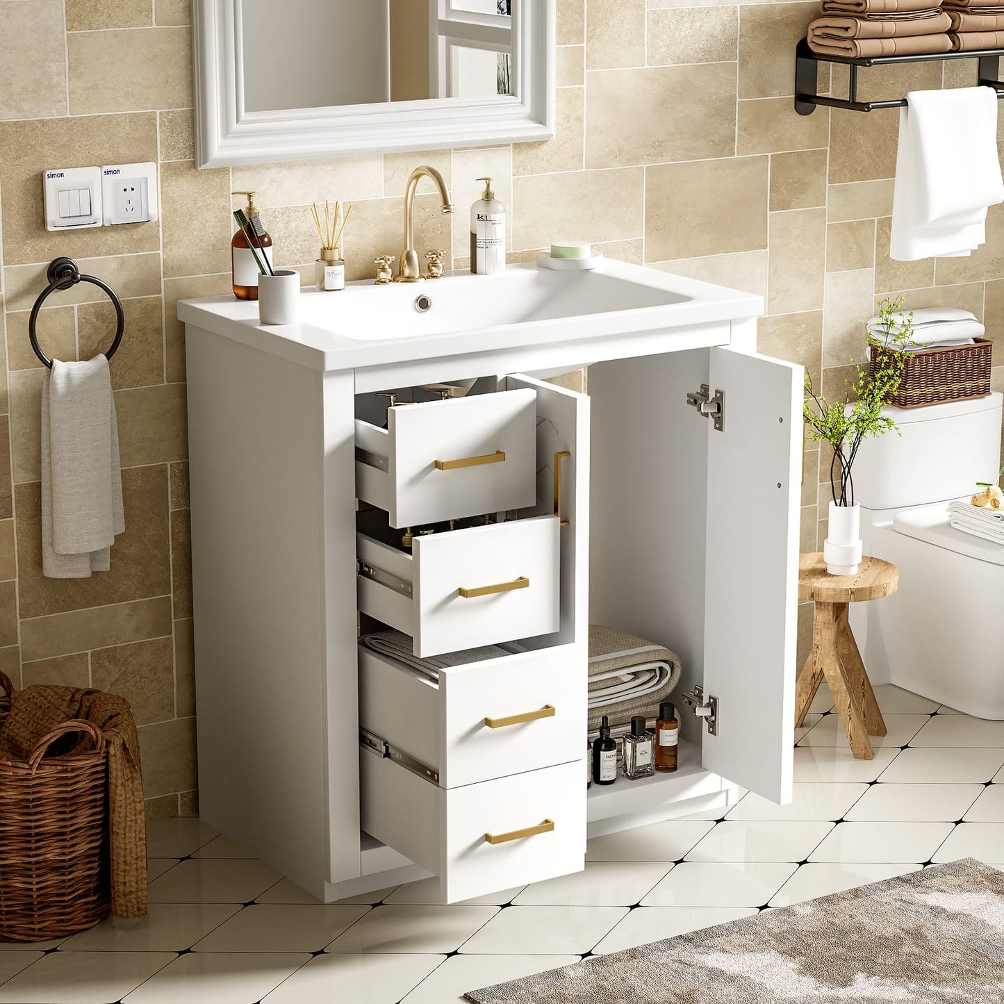 30 Inch White Bathroom Vanity with Ceramic Sink Storage