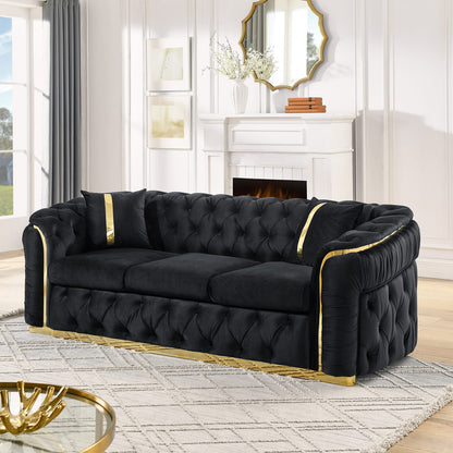 Living Room Velvet Chesterfield Sofa - 3 Seater, Black with Gold Stainless Steel