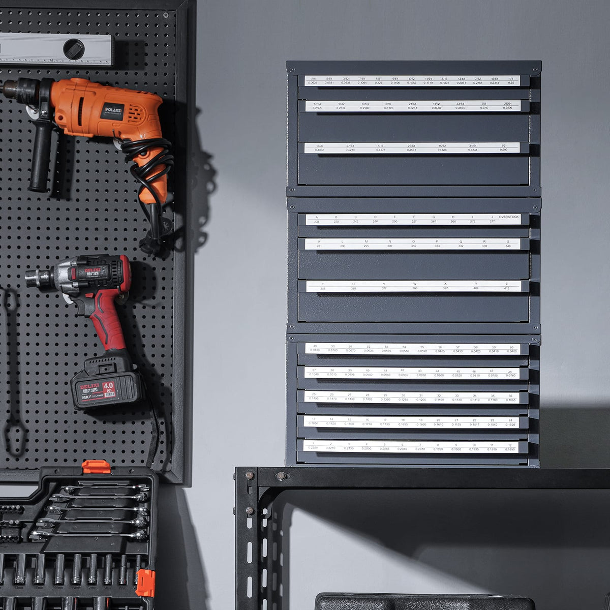 Gray Steel Drill Bit Dispenser Cabinet for Tool Storage