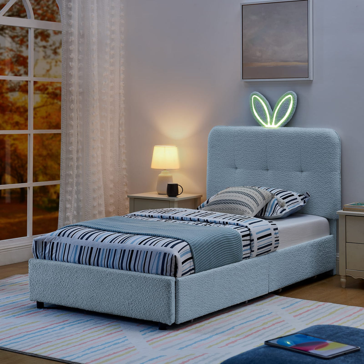 Twin Kids Bed with Storage Drawers - Navy Boucle Fabric