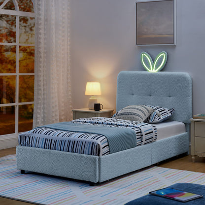 Twin Kids Bed with Storage Drawers - Navy Boucle Fabric