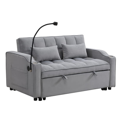 Light Gray Velvet Sofa Bed with Pullout Sleeper Function for Living Room