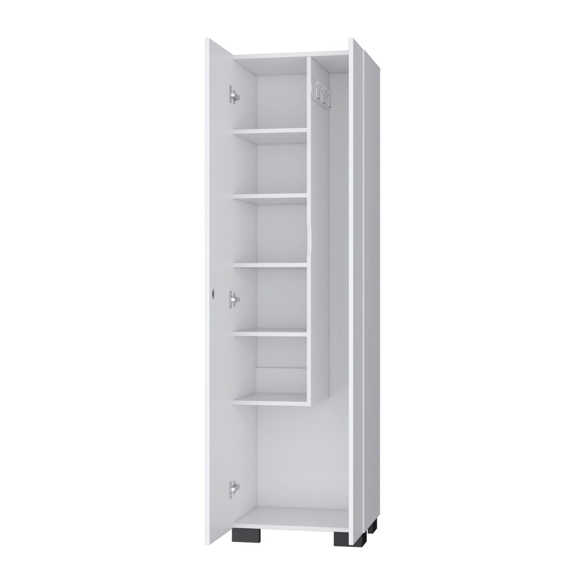 White Wood Storage Cabinet with Broom Shelves for Living Room