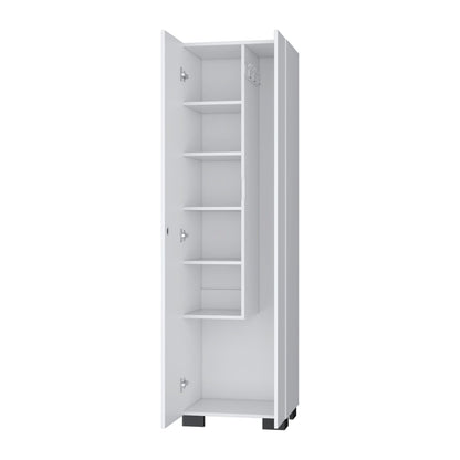 White Wood Storage Cabinet with Broom Shelves for Living Room