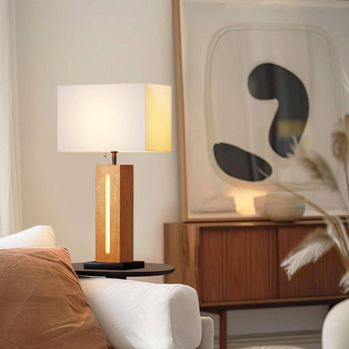 Modern Table Lamps Set of 2 - Black & Orange Metal Wood Grain