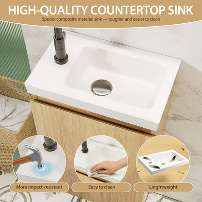 16 Inch Natural Wood Bathroom Vanity with Sink - Wall Mounted