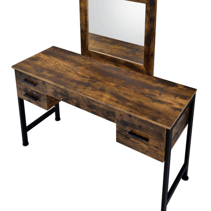 Rustic Oak Vanity Desk & Mirror Set - 4 Drawers