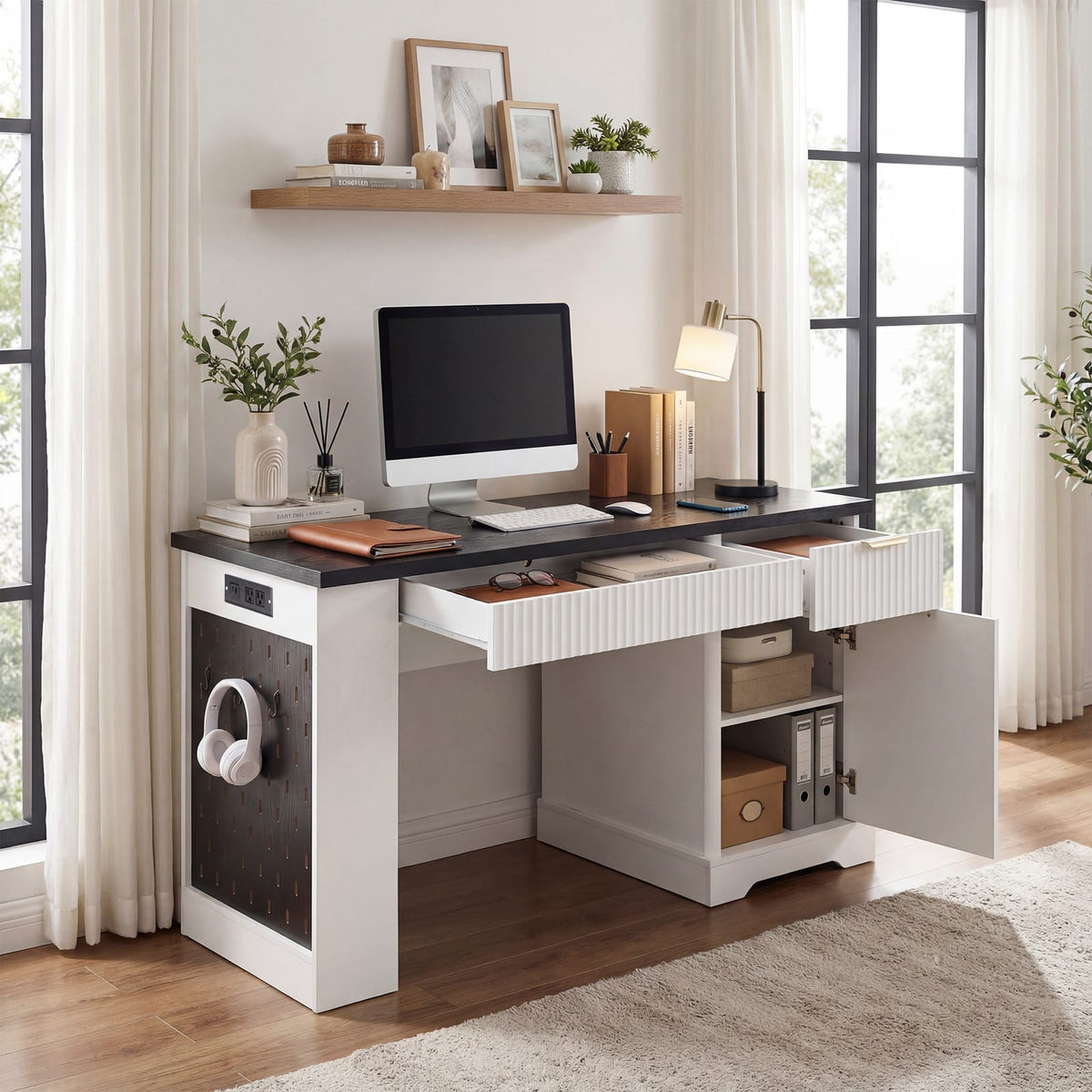 55" Modern Fluted Office Desk with Storage - White