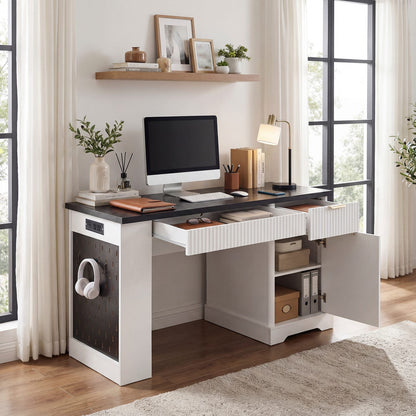 55" Modern Fluted Office Desk with Storage - White