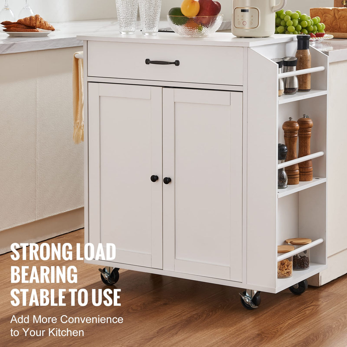 White Rolling Kitchen Storage Cart with Power Strip and Wheels
